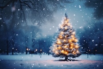 Christmas Tree in a Snowy Park with Twinkling Fairy Lights