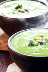 vegan soup of green vegetables, detox and creamy soup of peas, broccoli and other vegetables