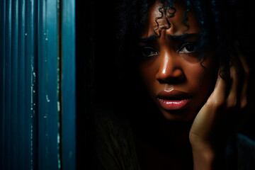 The unfortunate victim, a dark-skinned girl, hides from the rapist behind the door - obrazy, fototapety, plakaty