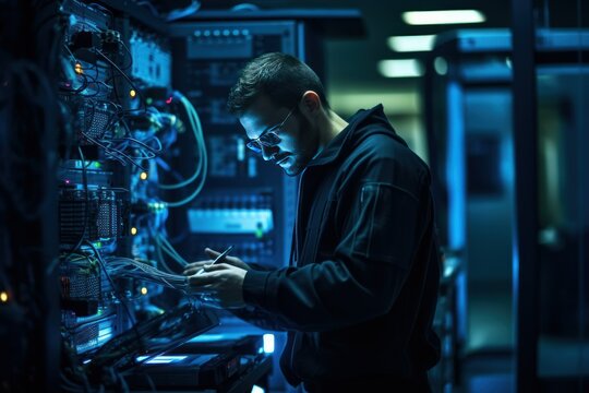 Engineer Working in Data Center on Network Security