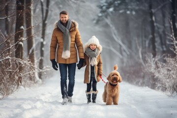 Fototapeta na wymiar Happy Family on a Festive Winter Dog Walk in the Forest