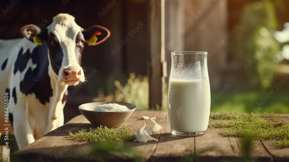 Wall mural background of dairy cow farm, Advertisement, Print media, Illustration, Banner, for website, copy space, for word, template, presentation.