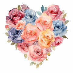 Watercolor painting style,  Bunch of pastel colour of roses be arrange in heart shape an be isolated on white background. Valentine's day and love decoration concept.	
