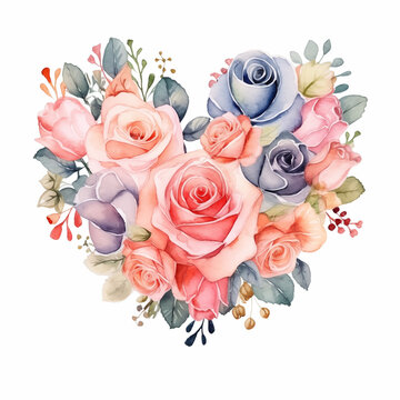 Watercolor painting style,  Bunch of pastel colour of roses be arrange in heart shape an be isolated on white background. Valentine's day and love decoration concept.	
