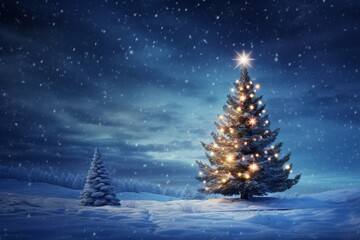 Snowy Christmas Scene with Illuminated Tree and Starry Sky