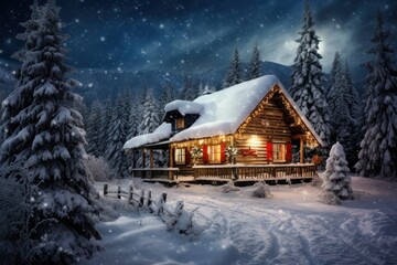 Winter Cabin with Decorated Christmas Tree and Falling Snow
