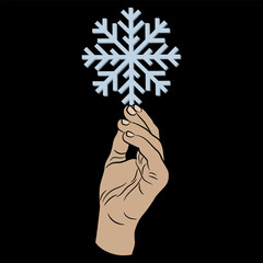 Human hand holding a snowflake. Seasonal winter design. New Year greeting. Christmas motif. Cartoon style. On black background.