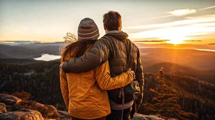 Portrait of the back view of a couple hiker on a mountain peak during golden time. - obrazy, fototapety, plakaty