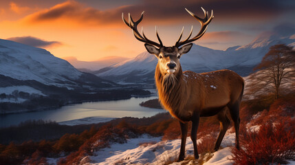 A majestic red deer stag set against the backdrop of the Scottish Highlands during a stunning winter landscape sunrise