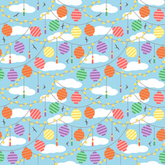 Colorful paper lanterns summer day festival pattern. Vector seamless pattern design for textile, fashion, paper and wrapping. 