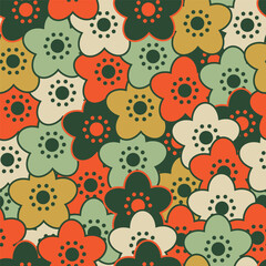 Cute flowers in orange, green and gold pattern. Vector seamless pattern design for textile, fashion, paper, packaging and branding. 