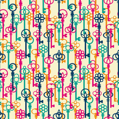 Colorful overlapping style antique keys vertical pattern. Vector seamless pattern design for textile, fashion, paper and wrapping. 