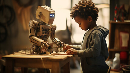 A young African American boy making a robot out of cardboard - obrazy, fototapety, plakaty