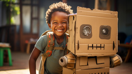 A young African boy making a robot out of cardboard