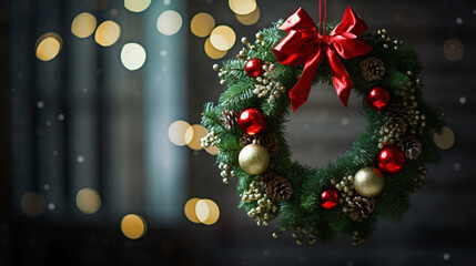 Fototapeta na wymiar Christmas wreath with red and gold balls on bokeh background