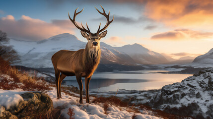 A majestic red deer stag set against the backdrop of the Scottish Highlands during a stunning winter landscape sunrise