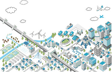自然と調和する海沿いの街並みの俯瞰イラスト（白背景）