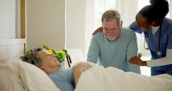 Senior patient, death and nursing home with nurse, emotional support and disease for woman, man and married. Dead, sickness and cry for partner, marriage and depressed with pain, grief and sadness