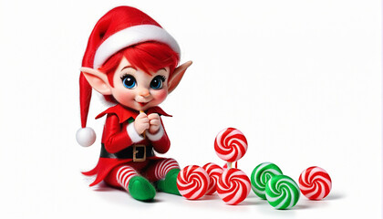 red naughty elf, mischievous, with striped candy, Christmas, felting material, on a white background