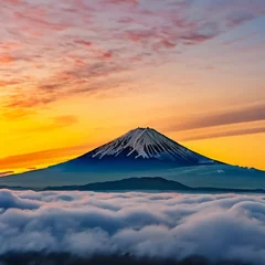 Fotobehang 雲のかかる富士山の朝日 © tsuki