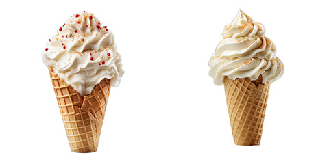 Ice Cream Cones with Whipped Cream and Sprinkles, transparent background