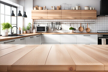 Empty wood tabletop or counter with display product. Blur image of kitchen room,dining room background. Display product background