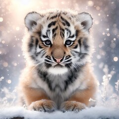 Cute little tiger cub in snow. New Year and Christmas card.