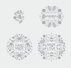 Ethnic floral labels with lettering drawing in linear style on light background