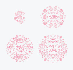 Naklejka premium Ethnic floral labels with lettering drawing in linear style on white background