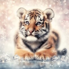 Cute tiger cub with ice cubes. Symbol of new year.