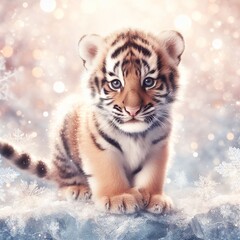 Cute little tiger cub sitting on snowy background with snowflakes