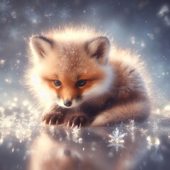 Fototapeta premium Cute little fox on a winter background with snowflakes.