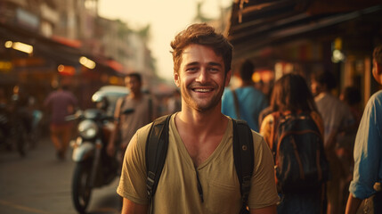 happy adult man, caucasian, 30s, traveling as backpacker with backpack, happy smiling, tourist in india or indonesia, fictional location, everyday life with locals, excited - obrazy, fototapety, plakaty
