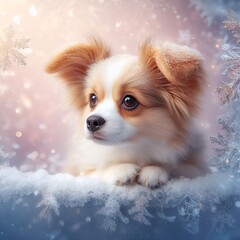 Cute puppy on a background of snowflakes. Christmas background.
