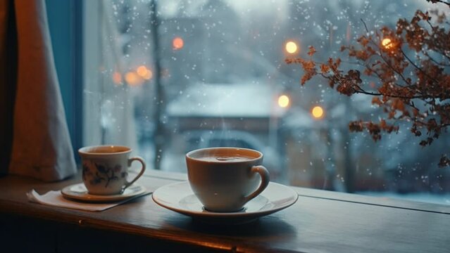 cup of coffee by the window with a view of nature in winter. smooth time-lapse virtual 4k video animation background. Generated with AI