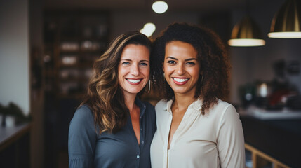 two happy colleagues or friends or group or team, women 30 years old or 40, intercultural multiracial and caucasian, smiling in a good mood, in the office, group photo - obrazy, fototapety, plakaty