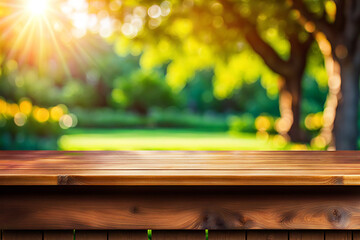 Fototapeta premium Empty wood tabletop or counter with display product. Blur image of lakes and green leaves bokeh background. Display product background