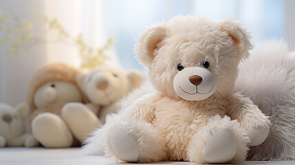 a cute teddy bear, white, smiling, cute small on sofa couch, sitting, teddy sits