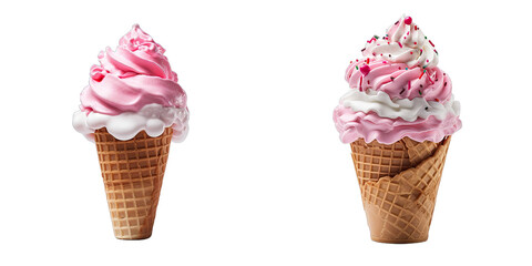 Strawberry and vanilla ice cream cones, transparent background