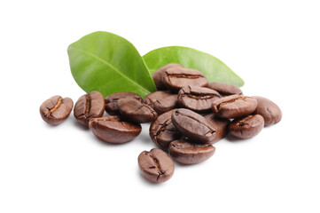 Fototapeta premium Roasted coffee beans and leaves isolated on white
