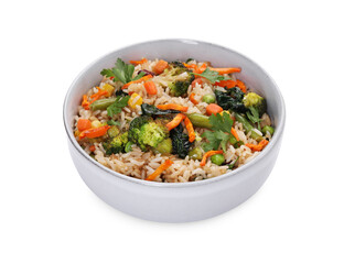 Tasty fried rice with vegetables in bowl isolated on white