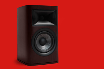 Obraz premium One wooden sound speaker on red background. Space for text