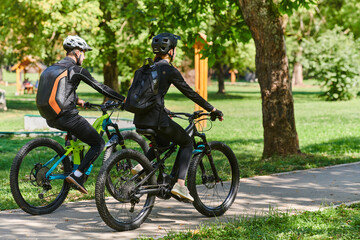 Fototapeta premium A blissful couple, adorned in professional cycling gear, enjoys a romantic bicycle ride through a park, surrounded by modern natural attractions, radiating love and happiness