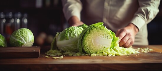 Cook holding cabbage and preparing to cut on cutting board Homemade food idea - Powered by Adobe