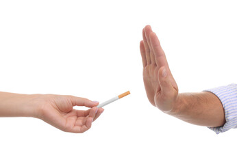 Stop smoking concept. Man refusing cigarettes on white background, closeup