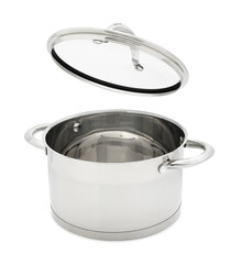 One steel pot and glass lid isolated on white