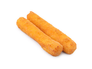 Tasty fried mozzarella sticks isolated on white