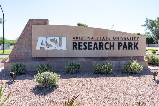 Arizona State University Research Park sign in Tempe, Arizona, USA, on May 26, 2023. The Arizona State University Research Park is a business and recreational park that is operated by ASU.