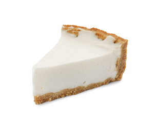 Piece of tasty vegan tofu cheesecake isolated on white