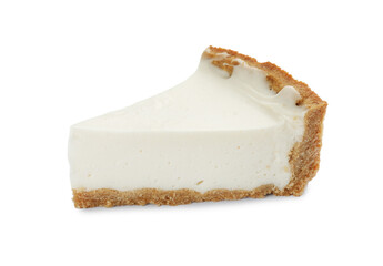 Piece of tasty vegan tofu cheesecake isolated on white
